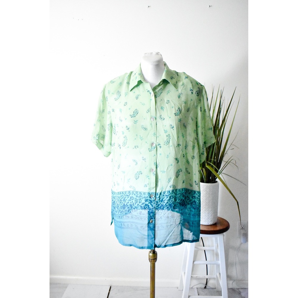 Avenue Button Down Shirt Women 16 Green Y2K Paisley Floral Short Sleeve Rayon